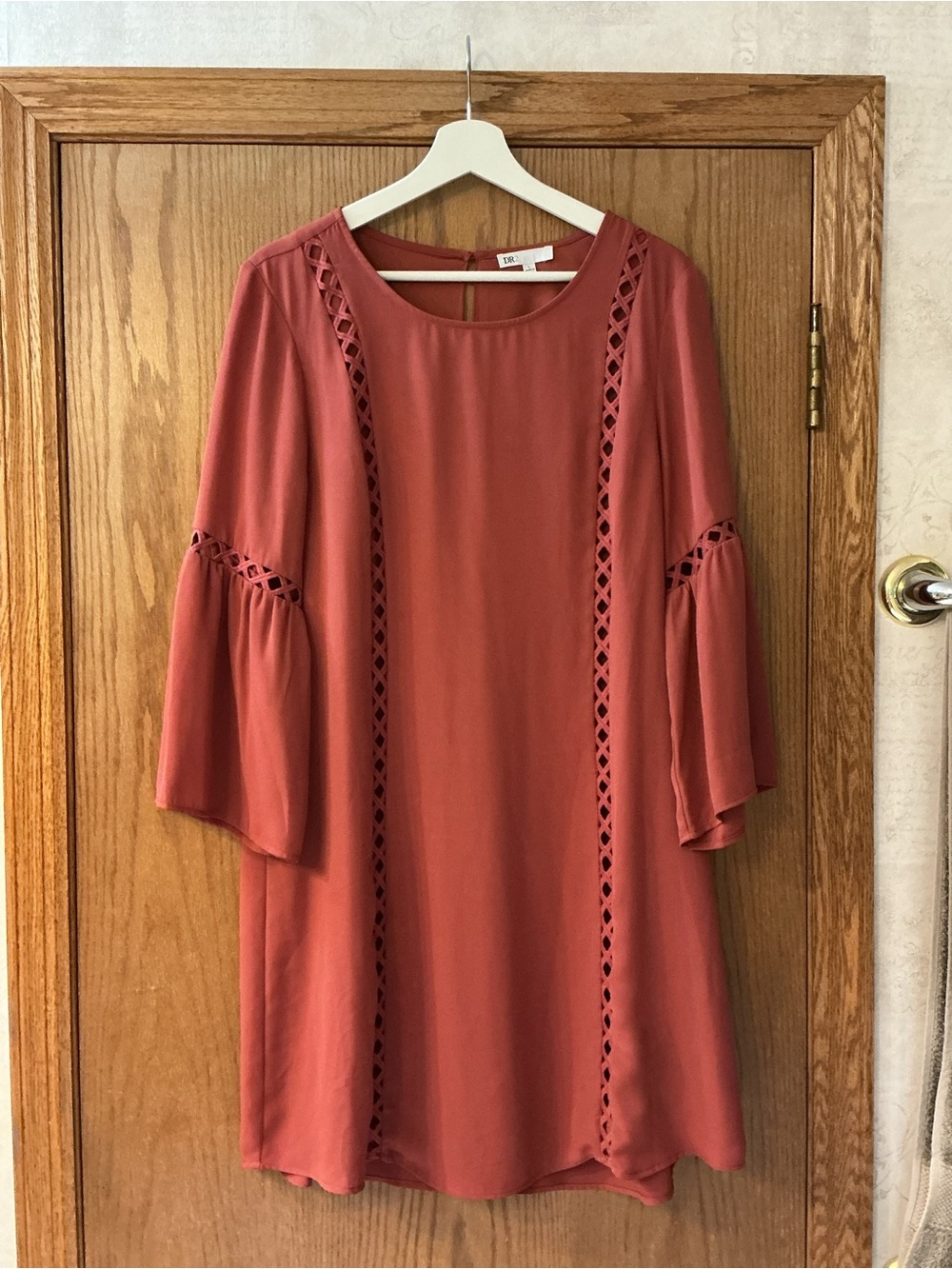 DR2 Rust-Red Woven-Cutout Bell 3/4 Length Sleeve Midi Dress